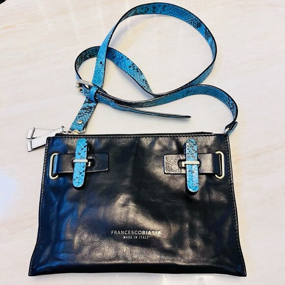 Vintage Francesco Biasia Black Leather Crossbody Bag Blue Python Strap Y2K Italy - Picture 1 of 16